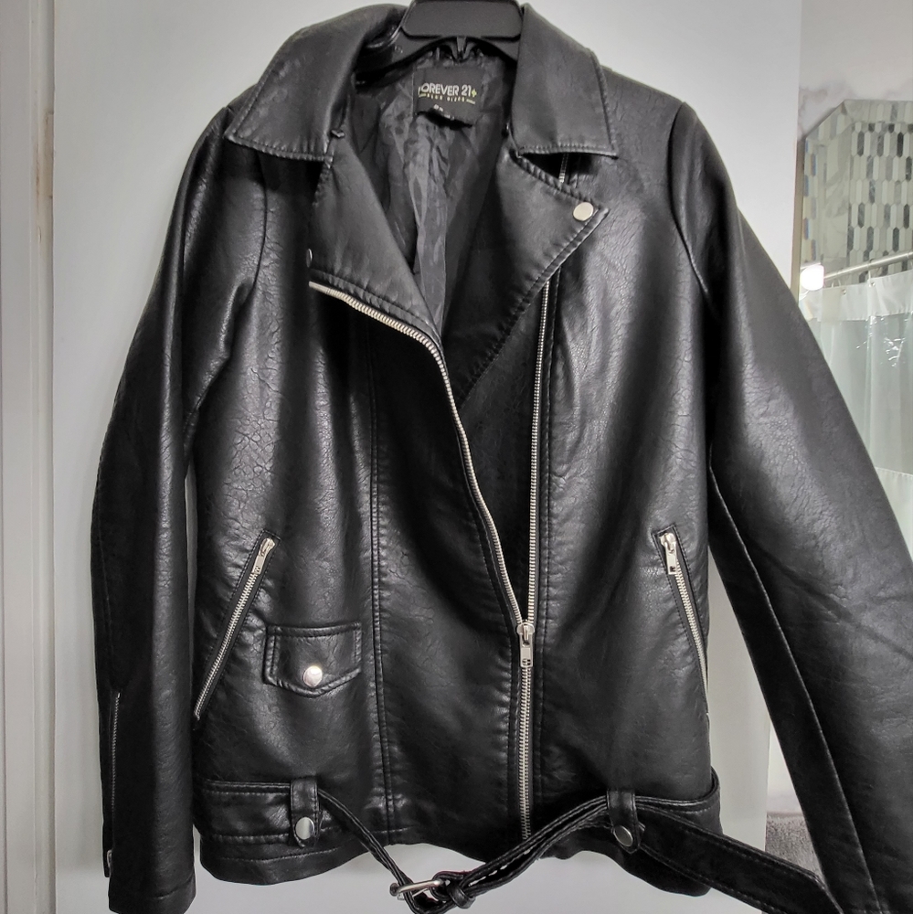 Black faux leather biker jacket XL
